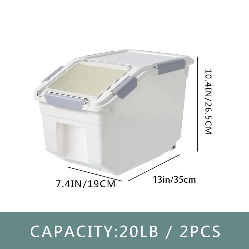 20Lbs 2 Pack Food Storage Container with Scoop, Airtight Rice Storage Bins Flour Containers Pet Food Dispenser with Handle & Wheels, Plastic Kitchen Pantry Organization for Cereal Baking Supplies