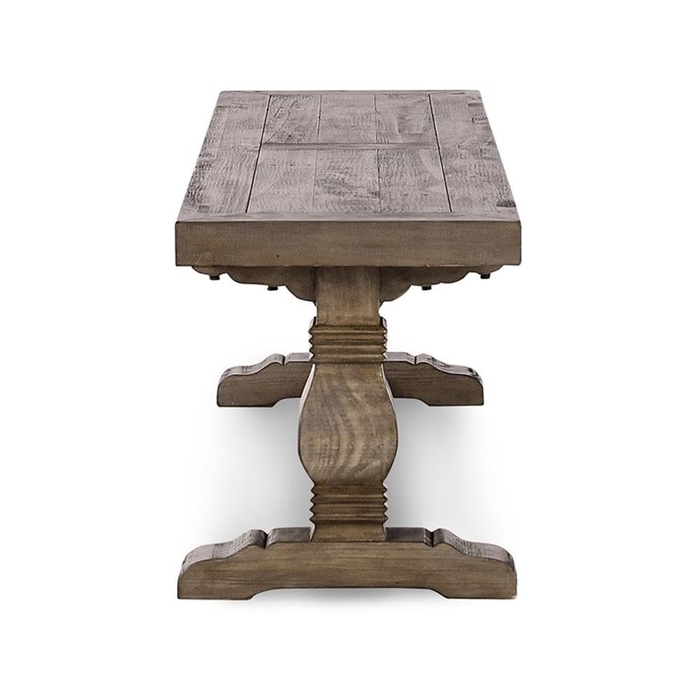 MAKLAINE 66" Transitional Reclaimed Pine Wood Bench, Weathered Brown Finish, Hand-Carved Pedestal Base, Rustic Style Seating for Kitchen or Dining Room, Seats Up to 3