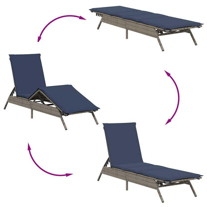 HPUYRFG Gray Poly Rattan Sun Lounger with Adjustable Backrest and Removable Cushions, Standard Size Foldable Outdoor Lounge Chair for Patio, Modern Gray Weather Resistant Sunbed