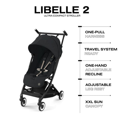 Cybex Libelle 2 Travel Baby Stroller - Lightweight Carry-On Travel Stroller for Airplane with One-Hand Recline, Compatible with CYBEX Car Seats, Magic Black