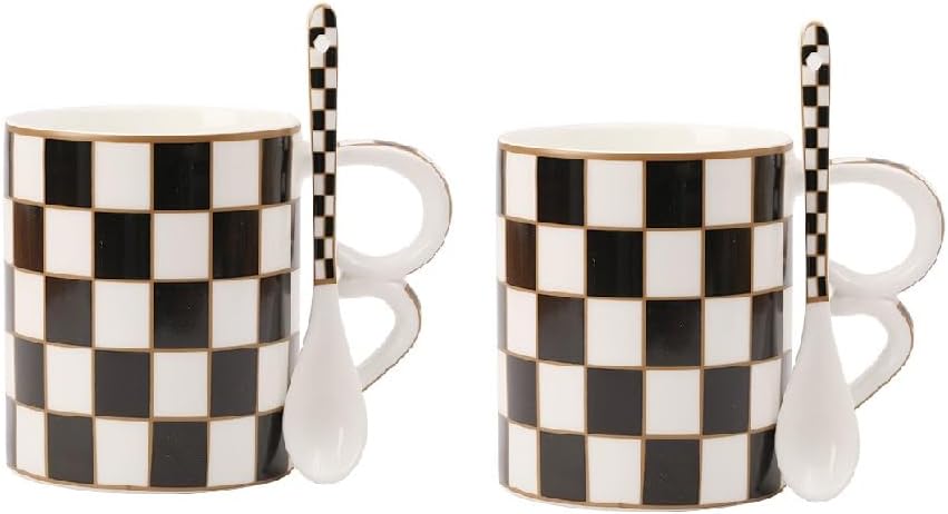 Porlien Checker Porcelain 18-ounce Mug Set of 2 with Teaspoon, Coffee Mugs and Tea Cups