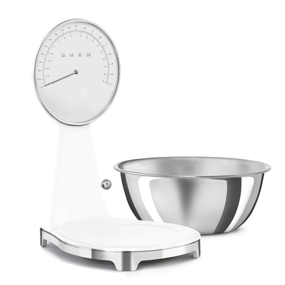 SMEG Retro-Style Analog & Digital Kitchen Scale, 11 lb Capacity, Rechargeable Battery, Backlit LCD Display, Stainless Steel Bowl (White)