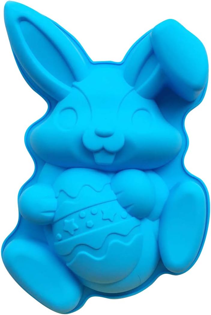 Bunny Holding Egg Cake Pan, BPA Free, Non-Stick Rabbit Silicone Bakeware Mold for Easter Cake