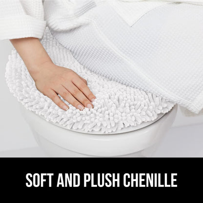 GORILLA GRIP Soft Chenille Bathroom Toilet Lid Cover, Machine Washable Seat Covers, 19.5x18.5, Stays in Place Rubber Backing, Fits Most Round, Elongated and Oblong Lids, Decor, Bright White