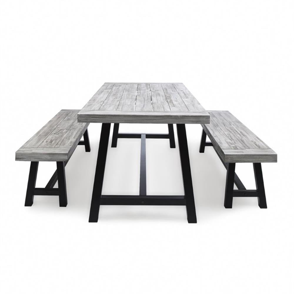 GDFStudio Cassie Outdoor Modern Industrial 3 Piece Acacia Wood Picnic Dining Set with Benches, Sandblasted Light Gray and Black Rustic Metal