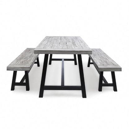 GDFStudio Cassie Outdoor Modern Industrial 3 Piece Acacia Wood Picnic Dining Set with Benches, Sandblasted Light Gray and Black Rustic Metal