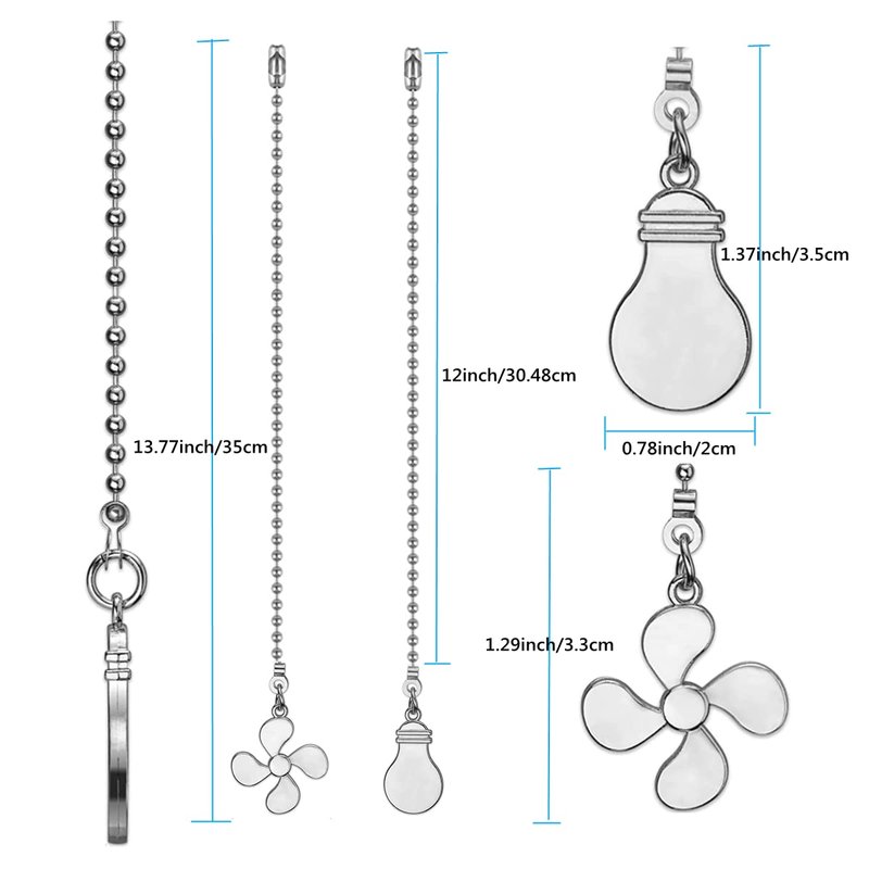 ZE-268S6- Ceiling Fan Pull Chain Set, 12 Inch Nickel, 4 Pieces Fan and Light Design Extension, for Ceiling Fan and Lighting