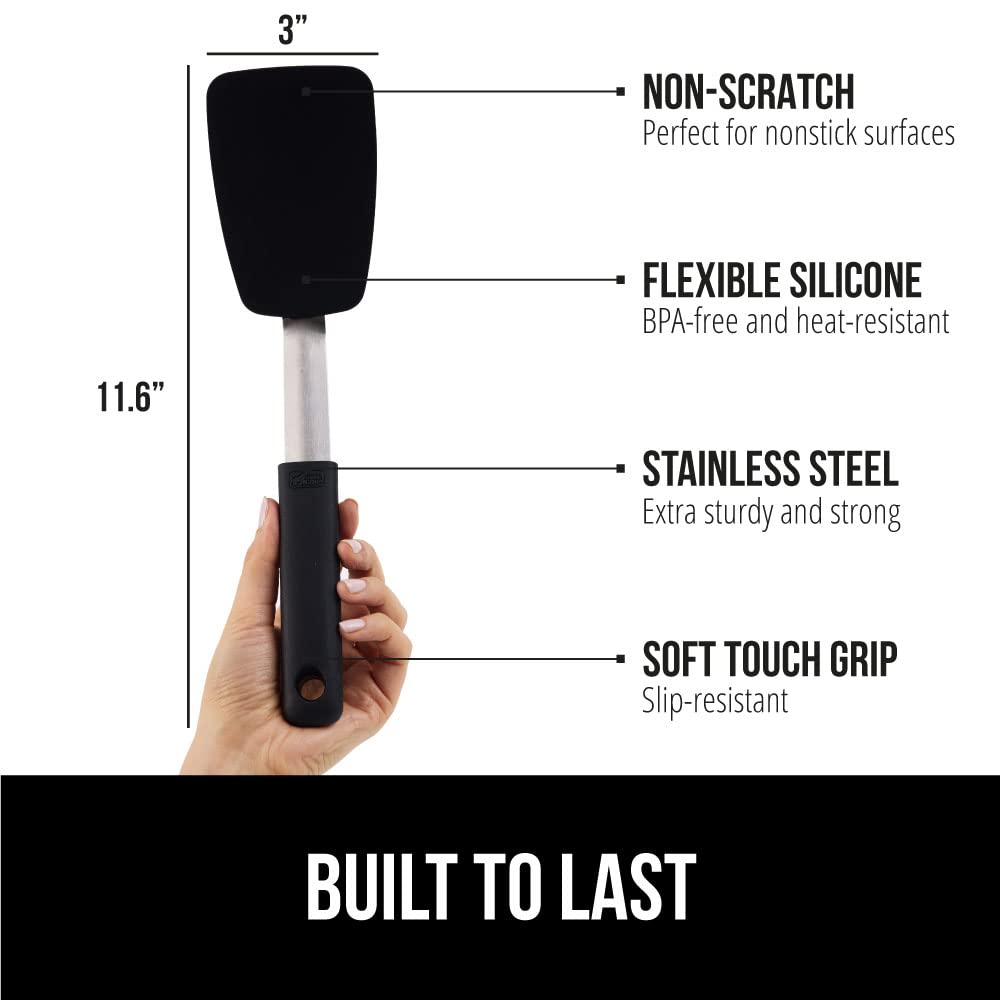 GORILLA GRIP Food Grade Flexible Silicone Spatula, Heat Resistant Head for Nonstick Frying Pan, Patented Soft Rubber Handle for Comfort, Non-Scratch Kitchen Turner, Flip Eggs Burgers, 11.6 in, Black