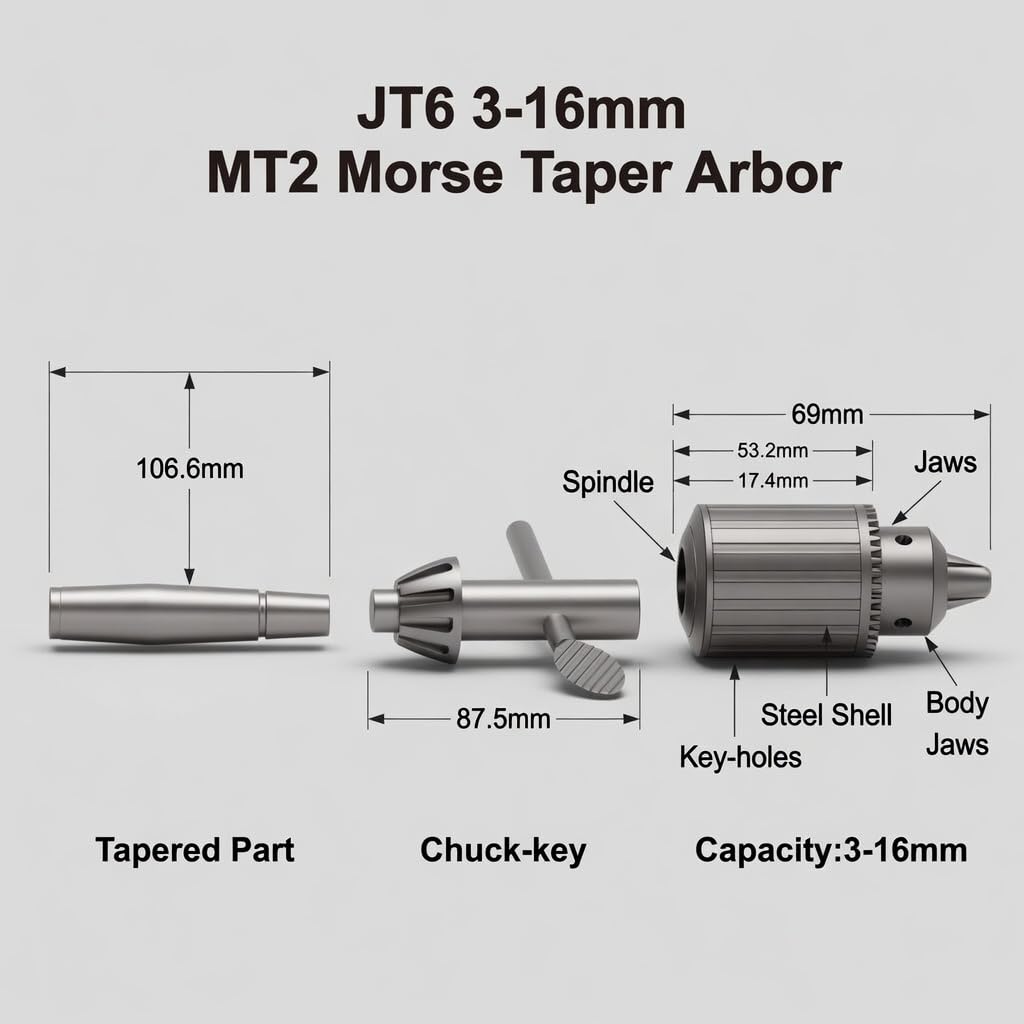 1/32" - 5/8" Keyed Drill Chuck with MT2 with JT6 Taper Arbor - Three-Jaw Chuck, Quenched Steel Construction, Precision Ground Shank