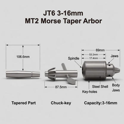 1/32" - 5/8" Keyed Drill Chuck with MT2 with JT6 Taper Arbor - Three-Jaw Chuck, Quenched Steel Construction, Precision Ground Shank
