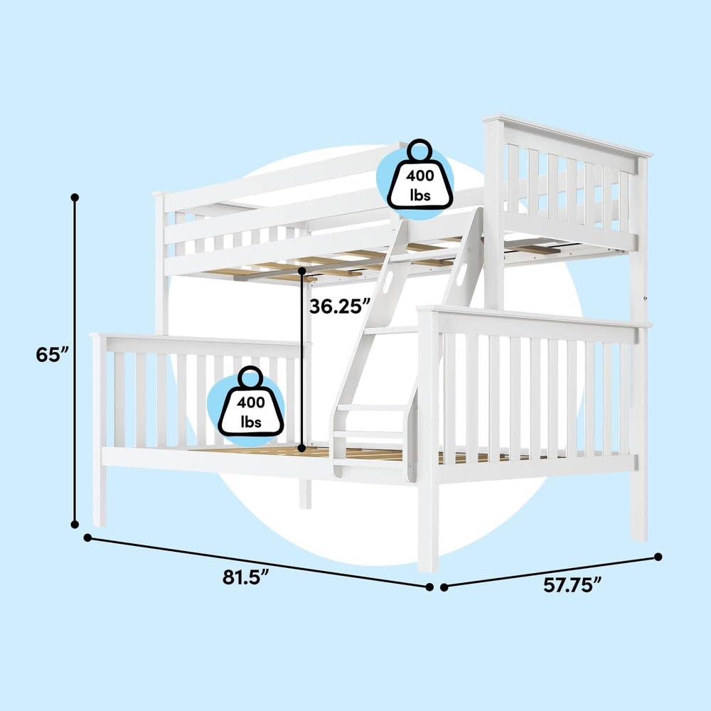 Max & Lily Bunk Bed Twin Over Full Size with Ladder, Solid Wood Platform Bed Frame with Ladder for Kids, 14" Safety Guardrails, Easy Assembly, No Box Spring Needed, White