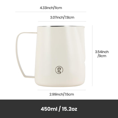 Gemilai 450ml Milk Frothing Pitcher -15.2oz Professional Coffee Steaming Jug for Lattes, Cappuccinos & Espresso, Heat-Resistant Handle, Easy Pour Spout, Durable & Easy to Clean,White