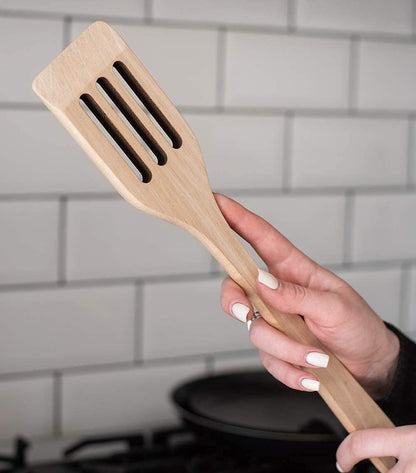 Long Handle Slotted Wooden Spoon 16 Inch - Heavy Duty Large Spatula & Stir Paddle, 100% Natural Hardwood