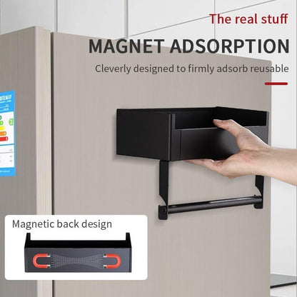 Magnetic Spice Rack Organizer for Refrigerator, with Paper Towel Holder Shelf for Small Kitchen Storage (Black)