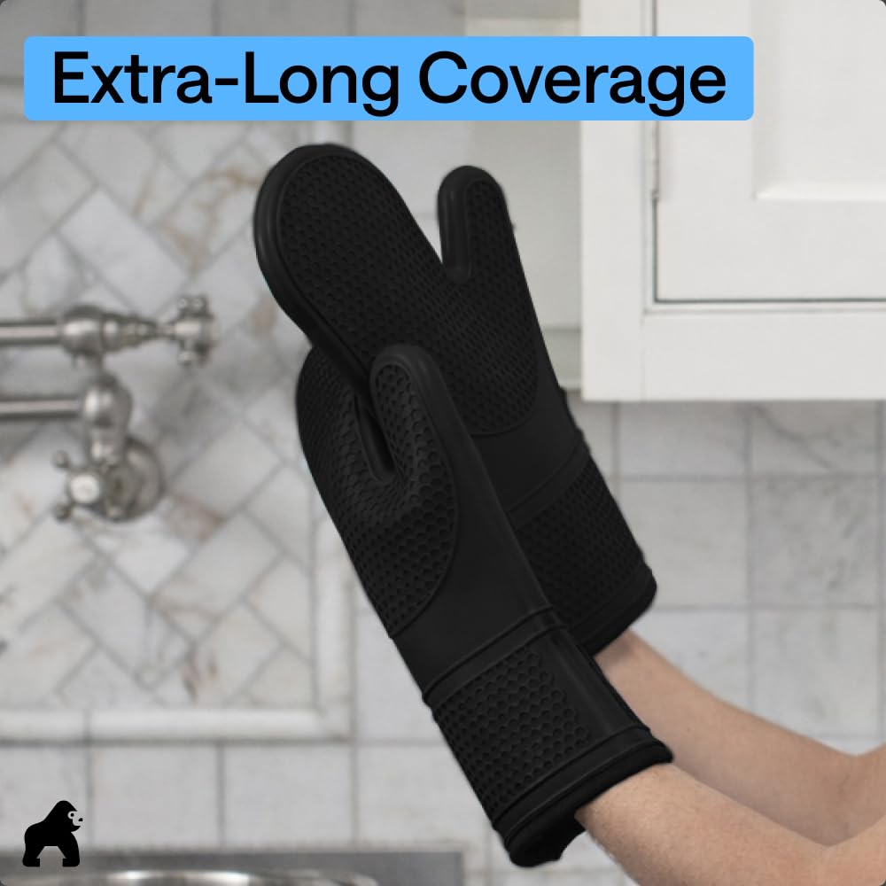 GORILLA GRIP BPA-Free Soft Silicone Oven Mitts, 550F Heat Resistant Waterproof Cooking Safety Gloves, Thick Cotton Lining, Flexible Gripping for BBQ Grilling, Kitchen Potholders Set, 12.5x8.3, Black