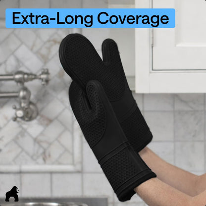 GORILLA GRIP BPA-Free Soft Silicone Oven Mitts, 550F Heat Resistant Waterproof Cooking Safety Gloves, Thick Cotton Lining, Flexible Gripping for BBQ Grilling, Kitchen Potholders Set, 12.5x8.3, Black