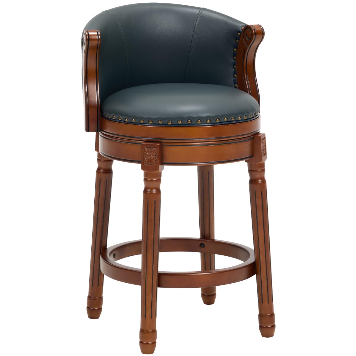 GDFStudio Cow Top Leather Wooden Bar Stool with Backrest, 360 Degree Swivel Counter Height Bar Stool, Upholstered Solid Wood Rustic Farmhouse Bar Chair for Kitchen Island Home Bar Dining, New Blue 26"