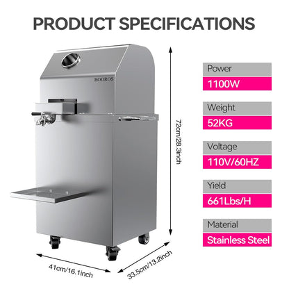 BOOROS Sugar Cane Juicer Machine 1100W Sugarcane Juicer With 3 Stainless Steel Rollers and 2.4" Extra Large Inlet, 300KG/H High Output Commercial Sugar Cane Juice Extractor,110V,Home/Commercial