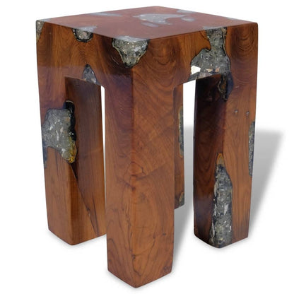 GOLINPEILO Unique Stool Solid Teak Wood and Resin 11.8" x 11.8" x 15.7", Fully Handmade Wooden Bench Solid Wood Dining Bench Rustic Home Décor Furniture, Rustic Wooden Entryway Bench(Style A)