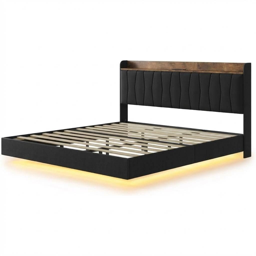 COZONY Modern Floating King Bed Frame with LED Lights, USB Charging Station, Upholstered Storage Headboard, Sturdy Wood Slats, No Box Spring Needed, Easy Assembly, Noise-Free, King-Black