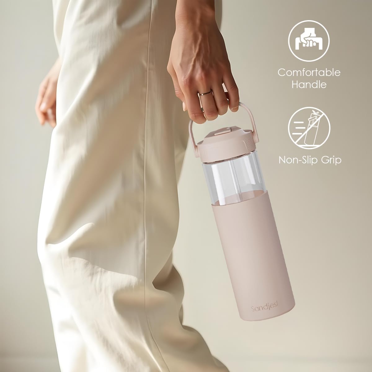 20oz SANDJEST Glass Water Bottle with Silicone Sleeve and Straw Lid for Girls Women, Glass Drinking Bottles for Travel
