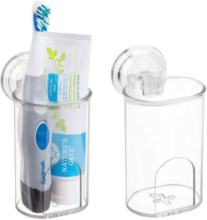 2 Pack mDesign Compact Plastic Suction Storage Center for Bathroom Organization of Toothbrushes, Electric Toothbrushes