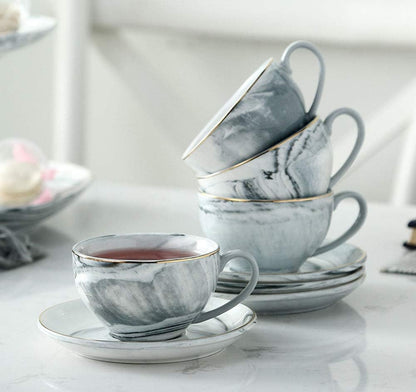 FUYU Gold Edge Marble Ceramic Espresso Coffee Cup and Saucer Set, Tea Cup