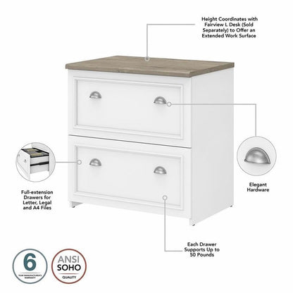 BOWERY HILL 2 Drawer Lateral File Cabinet, 30W x 20D x 30H, Engineered Wood, Pure White and Shiplap Gray Finish, Smooth Ball Bearing Slides, Farmhouse Style Home Office Filing Storage