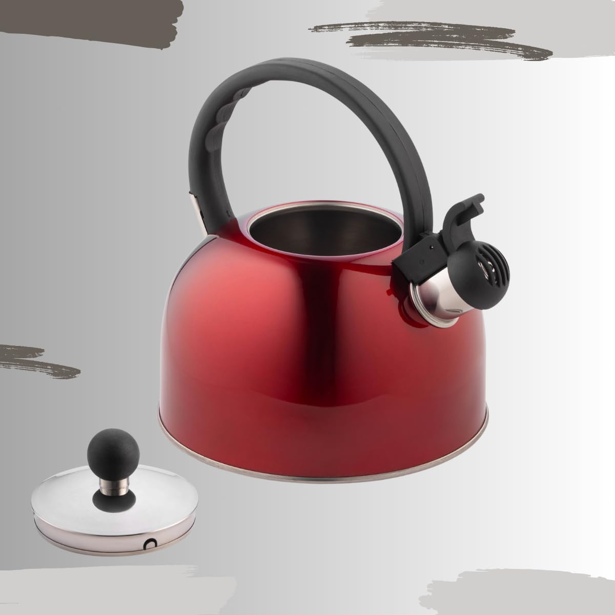 Venoly 2.5 Liter Whistling Tea Kettle - Modern Stainless Steel Whistling Tea Pot for Stovetop Hot Water Boiler with Cool Grip Ergonomic Handle (Wine Red, 2.5 Liter)