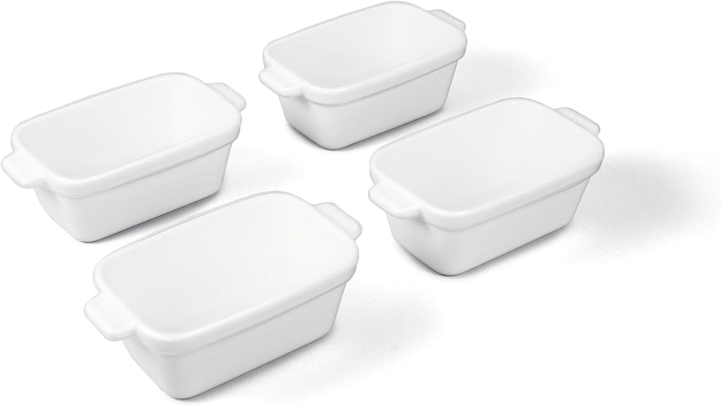 Souper Cubes Stoneware - Small Ceramic Baking Dish Set of 4 | 5" x 3" with Silicone Covers - White