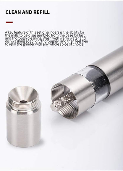MINI Stainless-Steel One-Handed Thumb Push Button Salt and Pepper Grinder for Black Pepper or Himalayan Salt