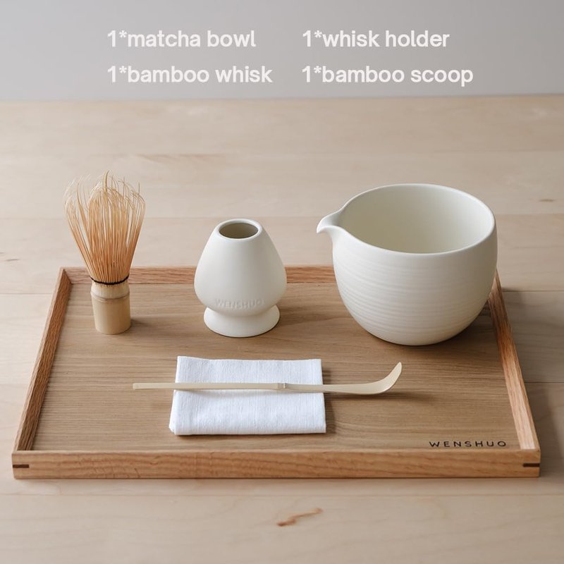 Matcha Whisk Set, Ceramic Matcha Bowl & Whisk Holder, Bamboo Accessory, Modern Design (Matte Crème, Pouring Spout) (Matte Crème)