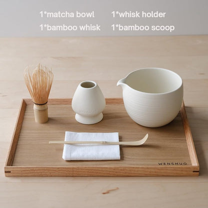 Matcha Whisk Set, Ceramic Matcha Bowl & Whisk Holder, Bamboo Accessory, Modern Design (Matte Crème, Pouring Spout) (Matte Crème)
