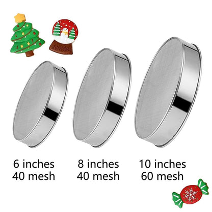 QUDUME 3 Pack Round Flour Sifter, Stainless Steel Fine Mesh Strainers Flour Sieve, 6 Inch and 8 Inch 40 Mesh 10 Inch 60 Mesh for Baking Straining Powdering Cake Bread Pies Pastries Muffin Cake