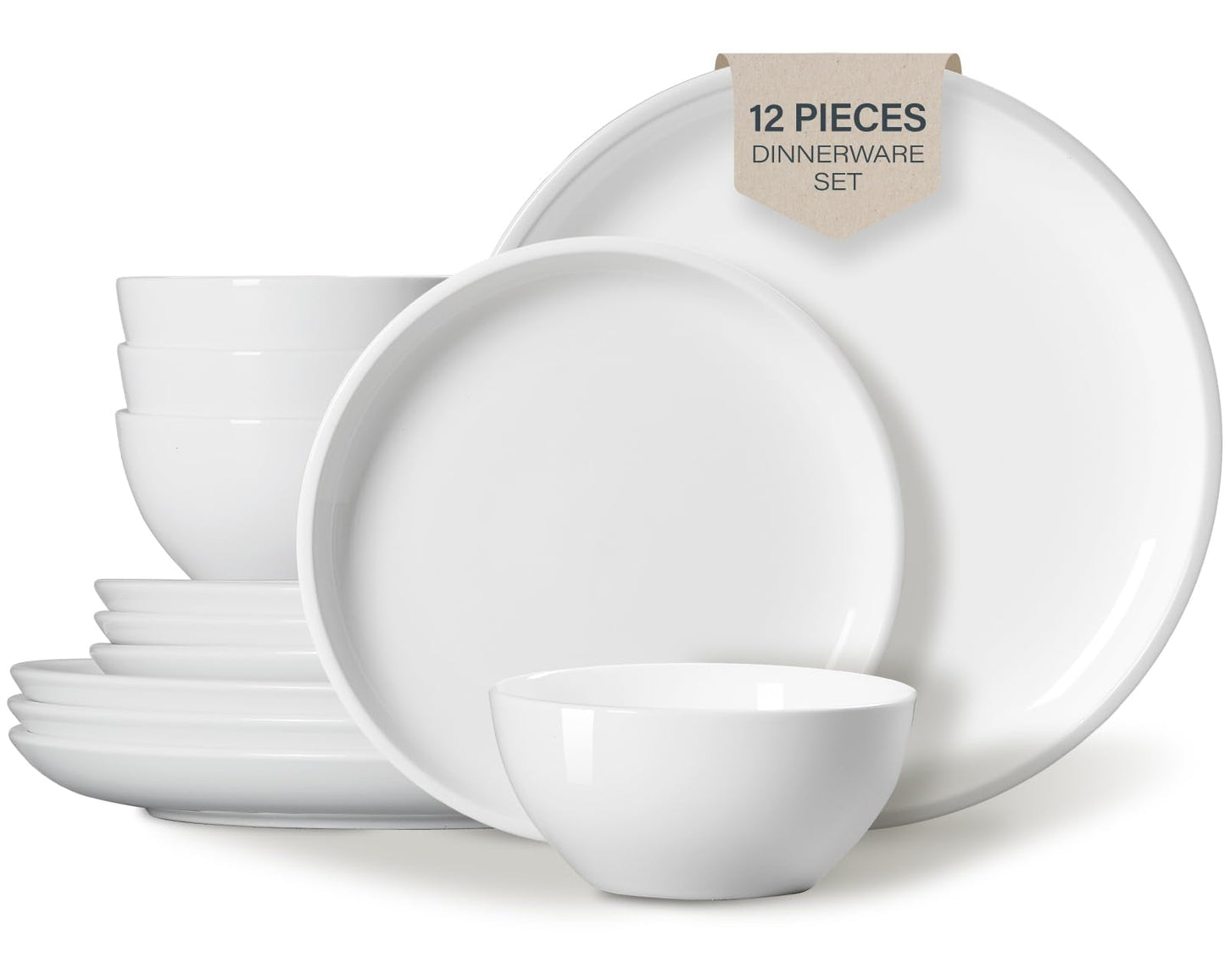 ONEMORE Plates and Bowls Set 12 Pcs,Stoneware Dinnerware Sets for 4 Microwavable,Oven & Dishwasher Safe Porcelain,Scratch Resistant Dishes Set,White