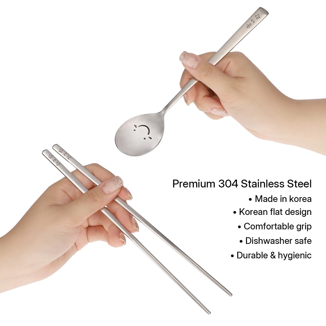 BAPMOO Korean Cute Happy Spoon and Chopsticks Set Long Handle Stainless Steel Good for Gift Hangul Characters Engraved Silver