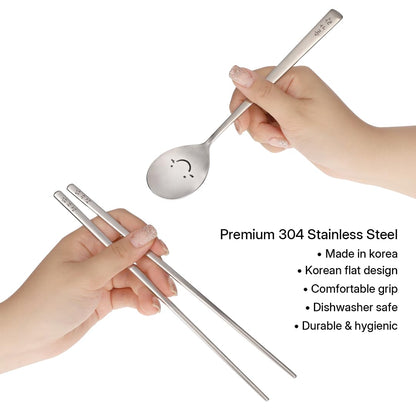 BAPMOO Korean Cute Happy Spoon and Chopsticks Set Long Handle Stainless Steel Good for Gift Hangul Characters Engraved Silver