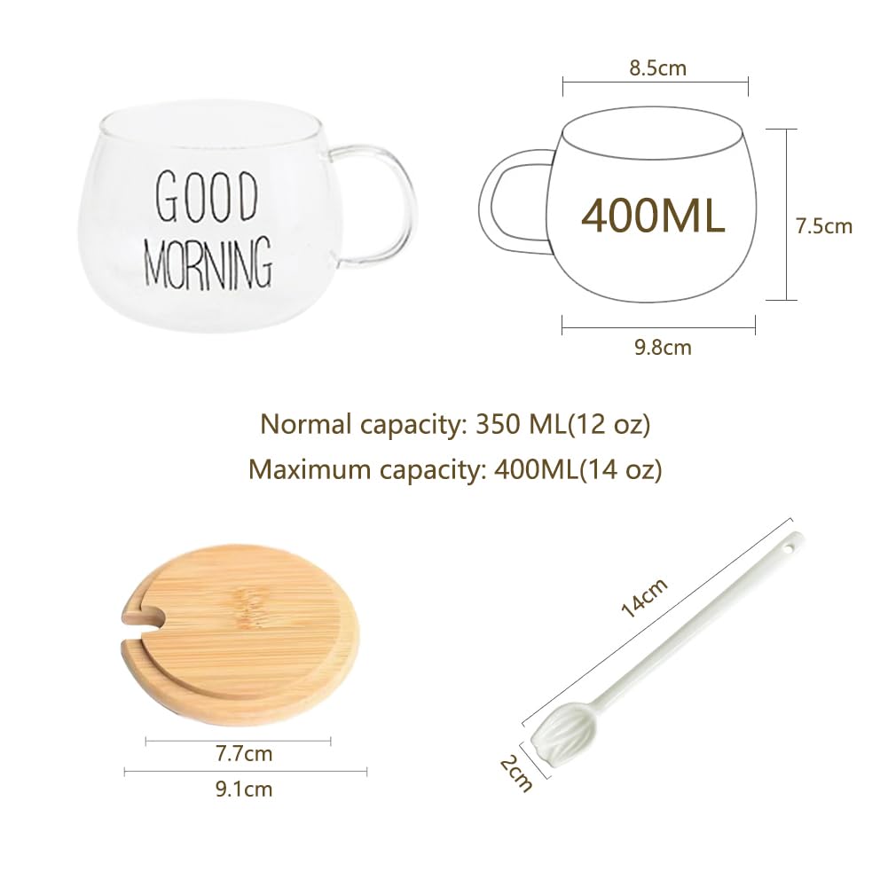 TREEWOO GOOD MORNING Clear Mug For Coffee Dessert Milk Tea Yogurt, Set of 2, Round Glass Cup Handgrip Drinkware With Bamboo Lid Tulip Ceramic Spoon (2 Black Letters Cup)