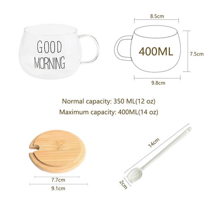 TREEWOO GOOD MORNING Clear Mug For Coffee Dessert Milk Tea Yogurt, Set of 2, Round Glass Cup Handgrip Drinkware With Bamboo Lid Tulip Ceramic Spoon (2 Black Letters Cup)