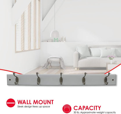 Home Basics Durable 5-Double-Hooks Wall Mounted Hanging Rack (White) for Entry Way or Garage