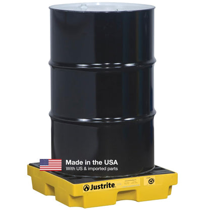Justrite Low Profile 1 Drum Spill Containment Pallet Accumulation Center - 5.5" Tall - 12 Gal Capacity for 55 Gallon Drum Containment - Made in The USA from 30% Recycled Polyethylene - Yellow - 28652