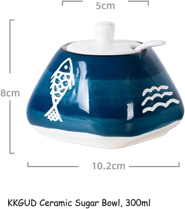Cute Hand-painted Sugar Bowl, Ceramic Condiment Pot for Kitchen Decor, Fish Pattern, 300ml