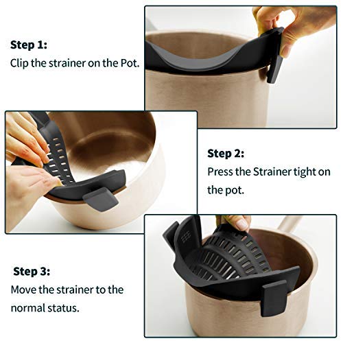 AUOON Clip On Strainer Silicone for All Pots and Pans, Pasta Strainer Clip on Food Strainer for Meat Vegetables Fruit Silicone Kitchen Colander (Gray)