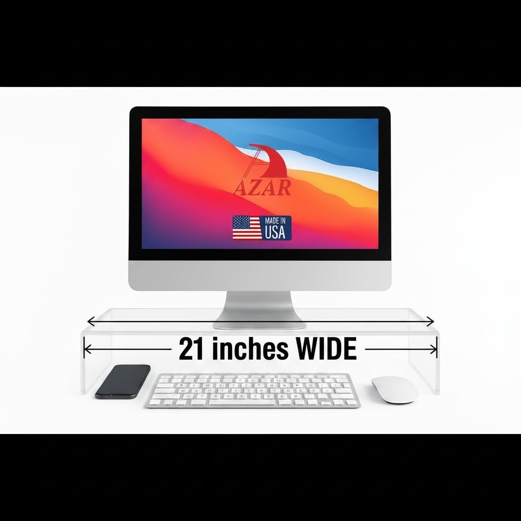 Azar 515360 Acrylic Monitor Stand Riser – Made in USA Laptop stand and Monitor Riser Acrylic Monitor Stand Riser Clear Laptop Stand for Desk Ergonomic Display Riser, Clear (21-Inch-Luxury Handcrafted)
