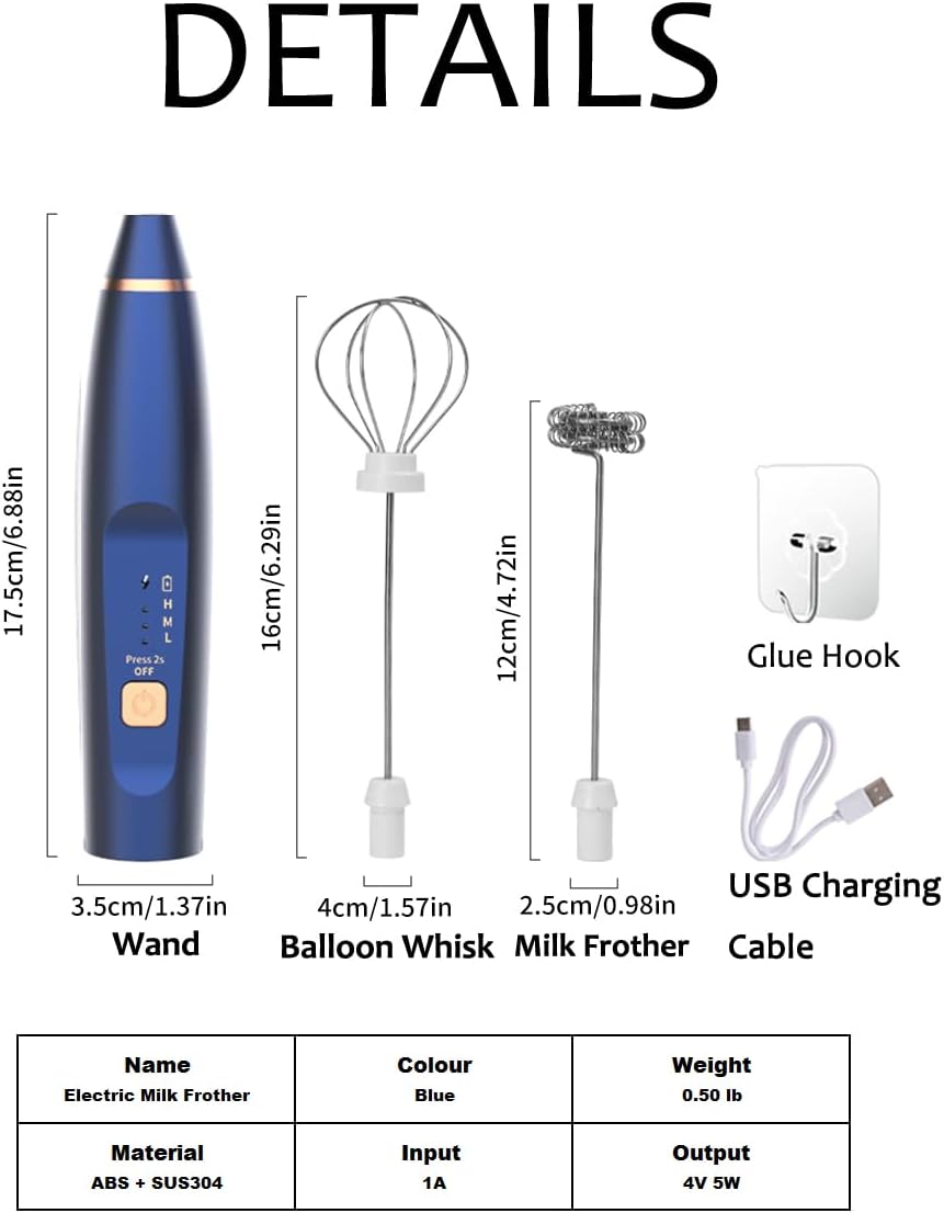 Milk Frother Handheld Foam Maker, 3 Speed Rechargeable Electric Blender with 2 Stainless Stirring Heads for Lattes