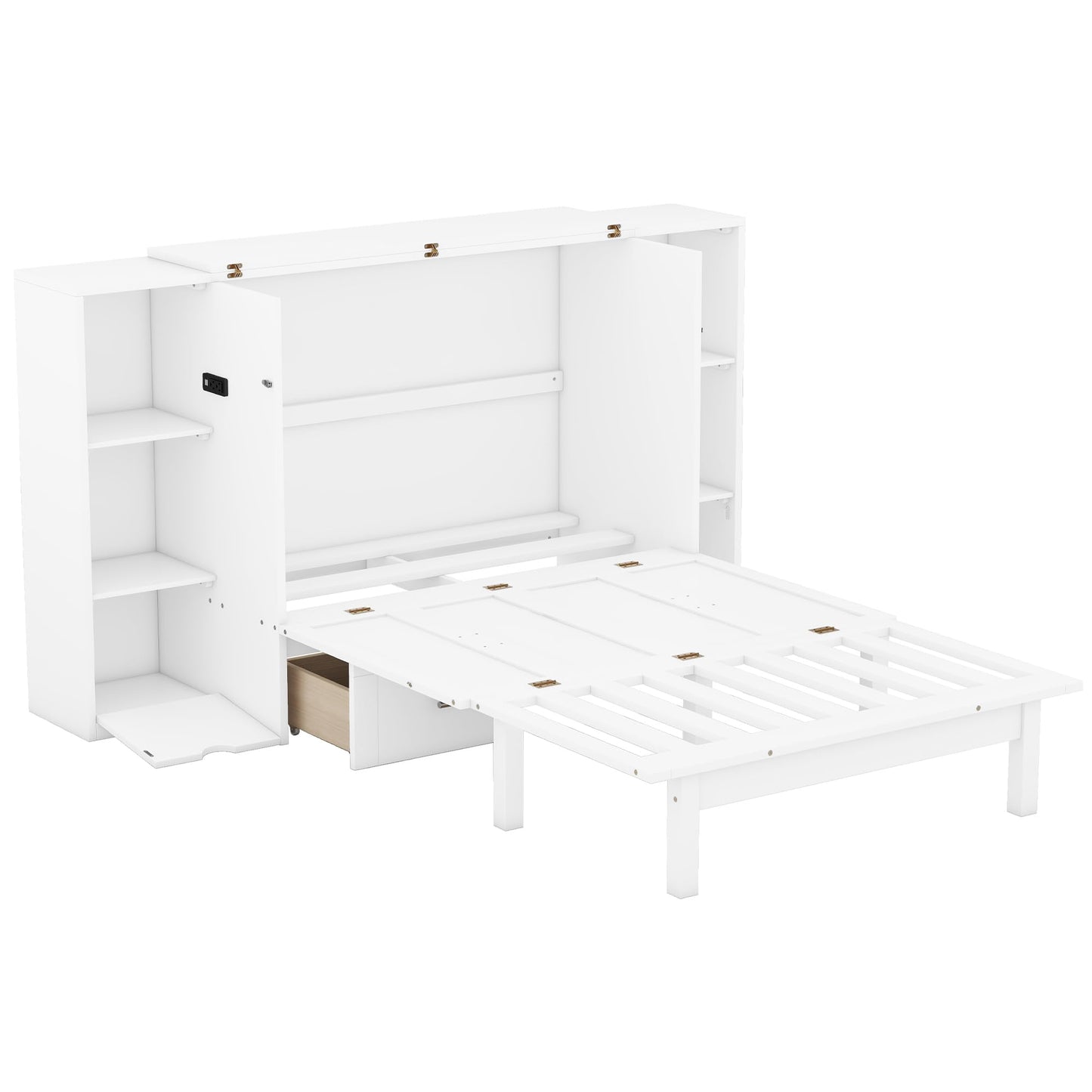 Merax Murphy Bed Frame Queen Size Cabinet with Shelves, 2 Drawers and USB Ports, Wood Versatile Platform Wall Bed