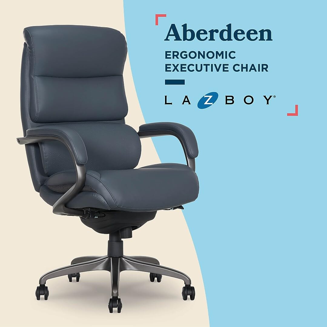 Living Style LaZboy Aberdeen Ergonomic Bonded Leather Swivel Executive Chair, Dark Blue