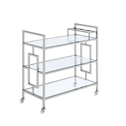 BOWERY HILL Contemporary Bar Cart, Clear Tempered Glass Shelves, 35" H x 33" W x 16" D, Chrome Finish, Modern Glam Design with Casters, Rectangular Serving Cart for Living or Dining Room Use