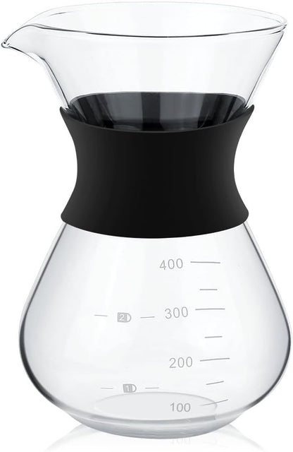 Zopsc 400ml Manual Hand Drip Glass Coffee Maker Pot with Stainless Steel Filter, Tick Marks, Fine Mesh, Suitable for