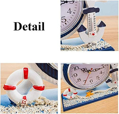 RTGGSEL Mediterranean Nautical Silent Desk Clock, Lighthouse Helm Wooden Clocks, Beach Theme Clock Decor Ornament